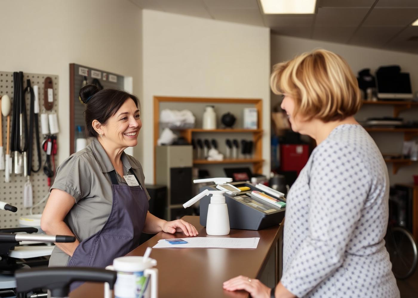 Staff member helping a customer at the Dublin Medical Equipment counter