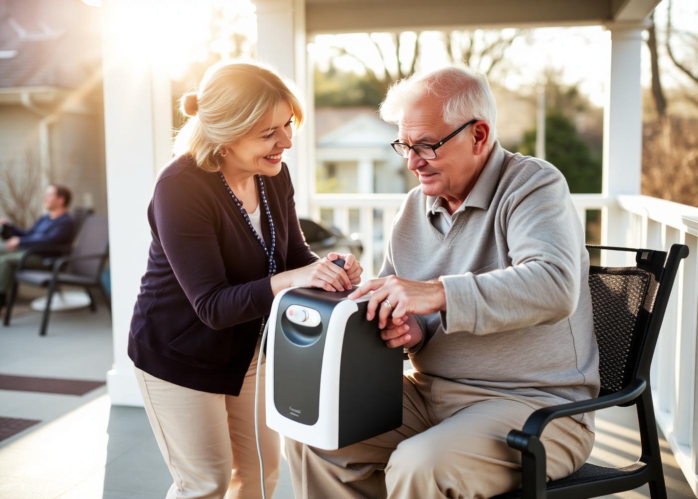 Caregiver helping an older man with a portable oxygen concentrator on a porch