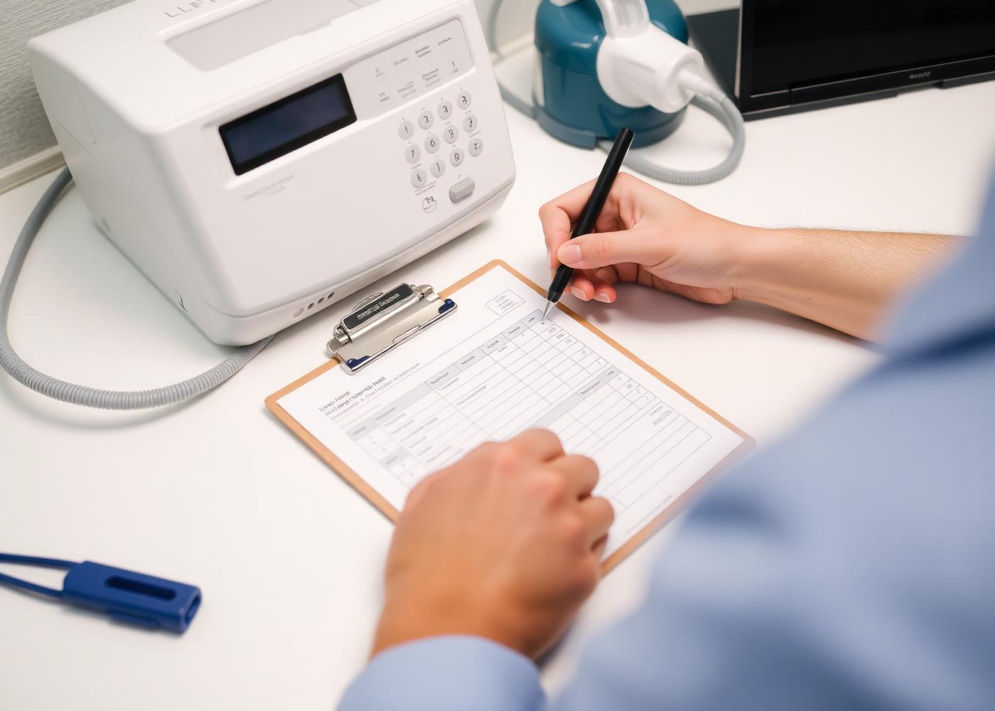 Completing equipment paperwork next to a respiratory device
